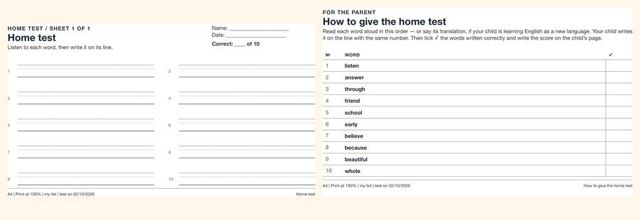 Two printed pages side by side: numbered empty lines for the child, and the parent's page listing the words in a shuffled order with a tick column.