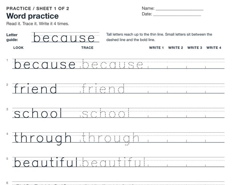 A printed practice sheet titled Word practice, with columns to look at each word, trace it and write it four times.