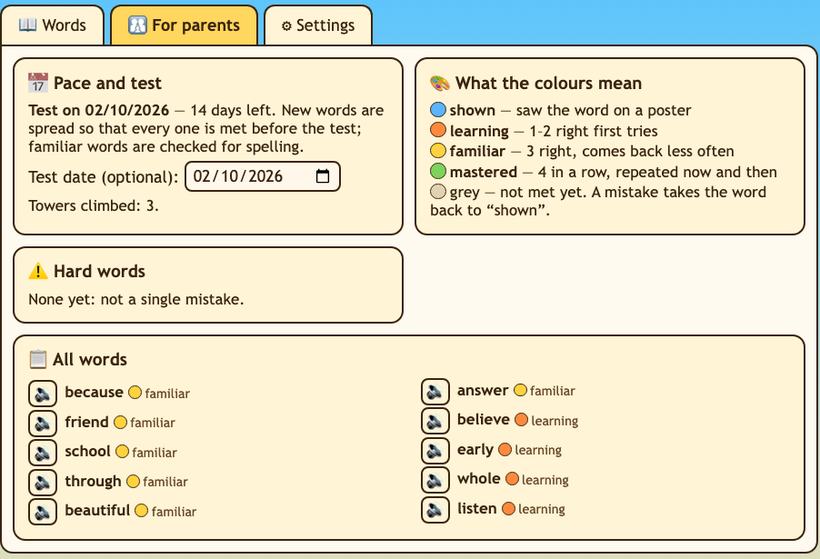 The parents' page: the test date with the days left, what each colour means, hard words, and every word with its colour.