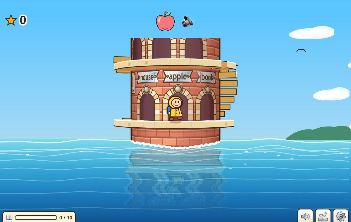 The tower by the sea with three doors, each carrying a word, and the child in the yellow raincoat on the ledge.